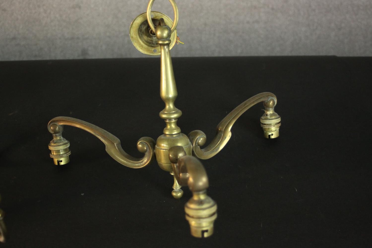 Two Victorian three branch brass chandeliers along with a stained glass and brass lantern. H.30 W. - Image 6 of 8