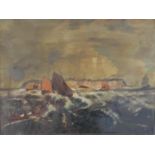 A framed oil on board of sailing ships on a stormy sea, unsigned. H.47.5 W.58cm