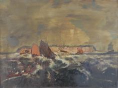 A framed oil on board of sailing ships on a stormy sea, unsigned. H.47.5 W.58cm