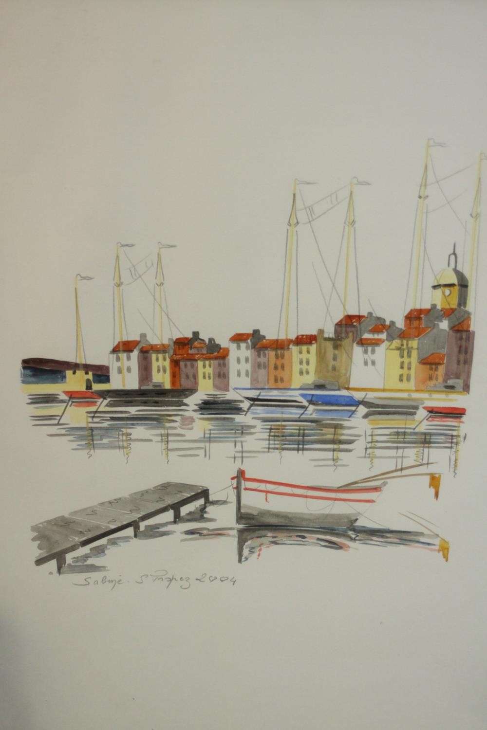 Three framed and glazed watercolours. One of boats in St Tropez, titled in pencil along with a - Image 3 of 9