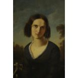 A 19th century gilt framed oil on canvas portrait of woman in a black dress, unsigned. H.36 W.30cm.