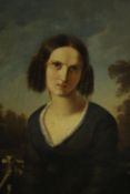 A 19th century gilt framed oil on canvas portrait of woman in a black dress, unsigned. H.36 W.30cm.