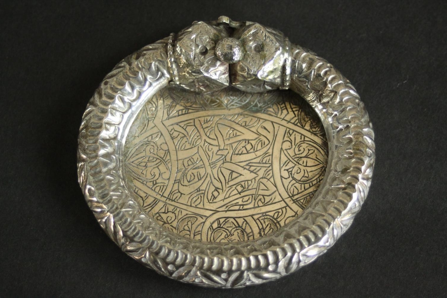 Three Oriental silver and white metal pieces, including a repousse design floral form dish on - Image 6 of 16