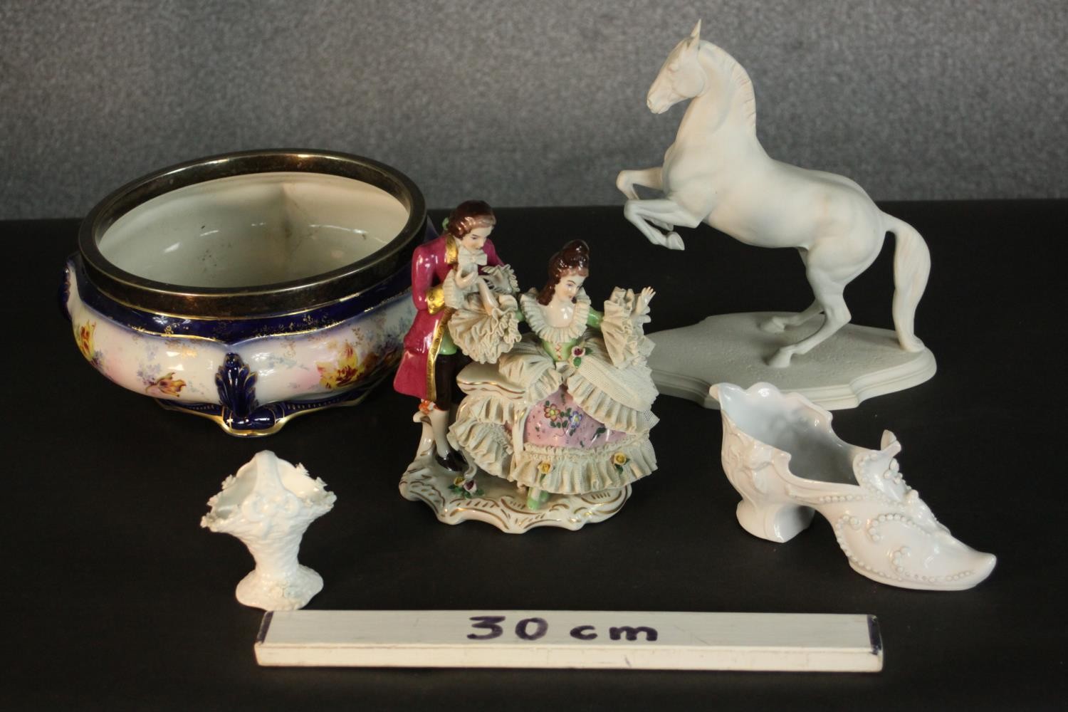 A collection of ceramics and porcelain, including a bisque porcelain rearing horse, a basket - Image 2 of 12