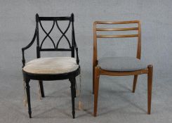 A Regency style ebonised armchair, with a lattice back and open arms, together with a contemporary