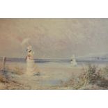 J Miller (Contemporary), Edwardian Beach Scene, acrylic, signed lower right. H.68 W.94cm.