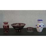 Four Bohemian glass items, comprising a vase and two bowls with ruby flash decoration, and a blue