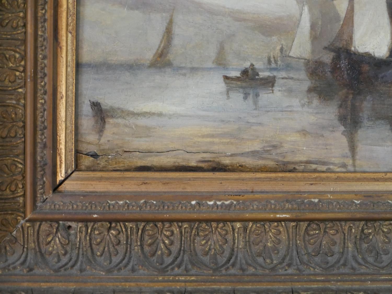 A 19th century carved gilt framed oil on board of fishing boats and figures on a beach, unsigned. - Image 5 of 6