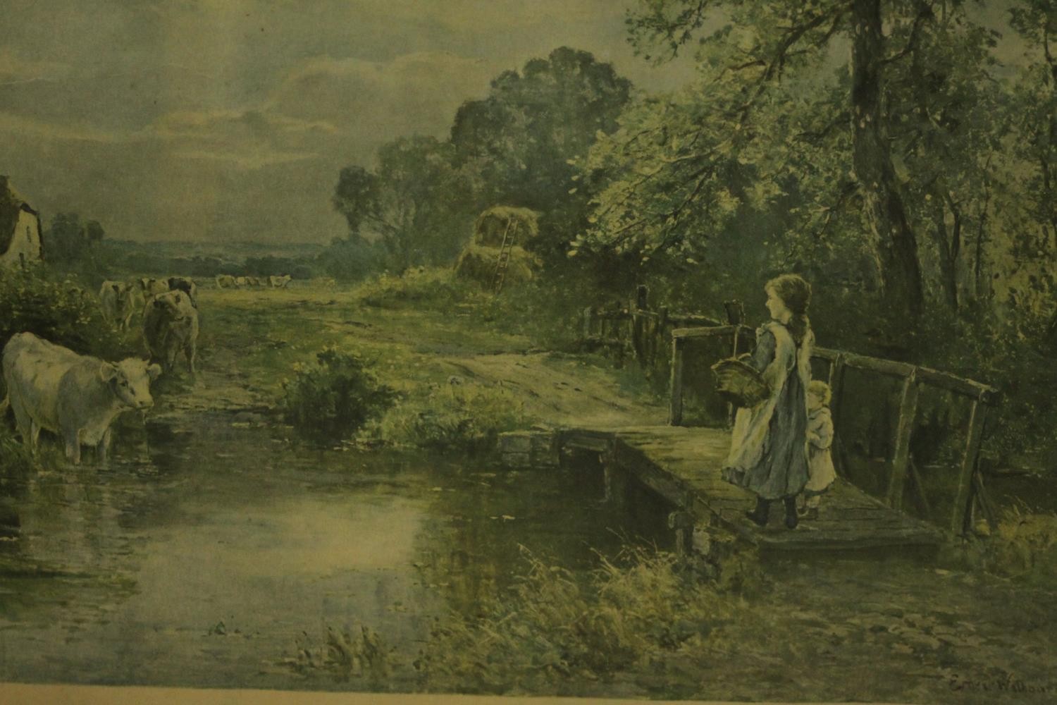 Two framed and glazed Victorian prints of river scenes, one with a girl on a bridge and people - Image 3 of 6