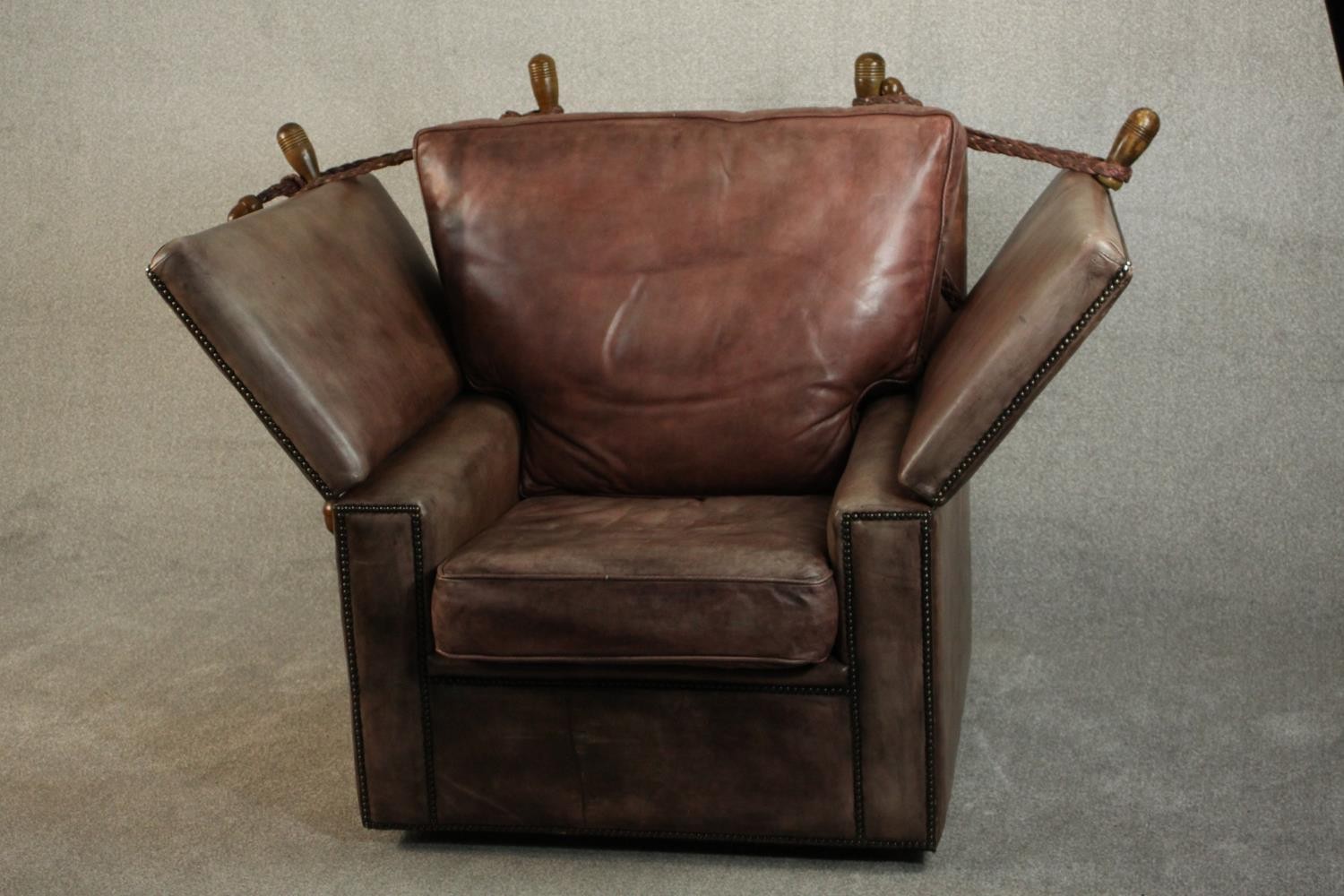 A Knole style contemporary brown leather armchair, with turned stained beech finials and studded - Image 10 of 12