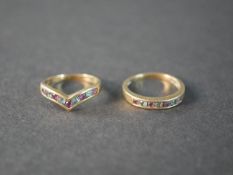 Two 9 carat yellow gold aquamarine and amethyst set eternity style rings, one with a V-shape.