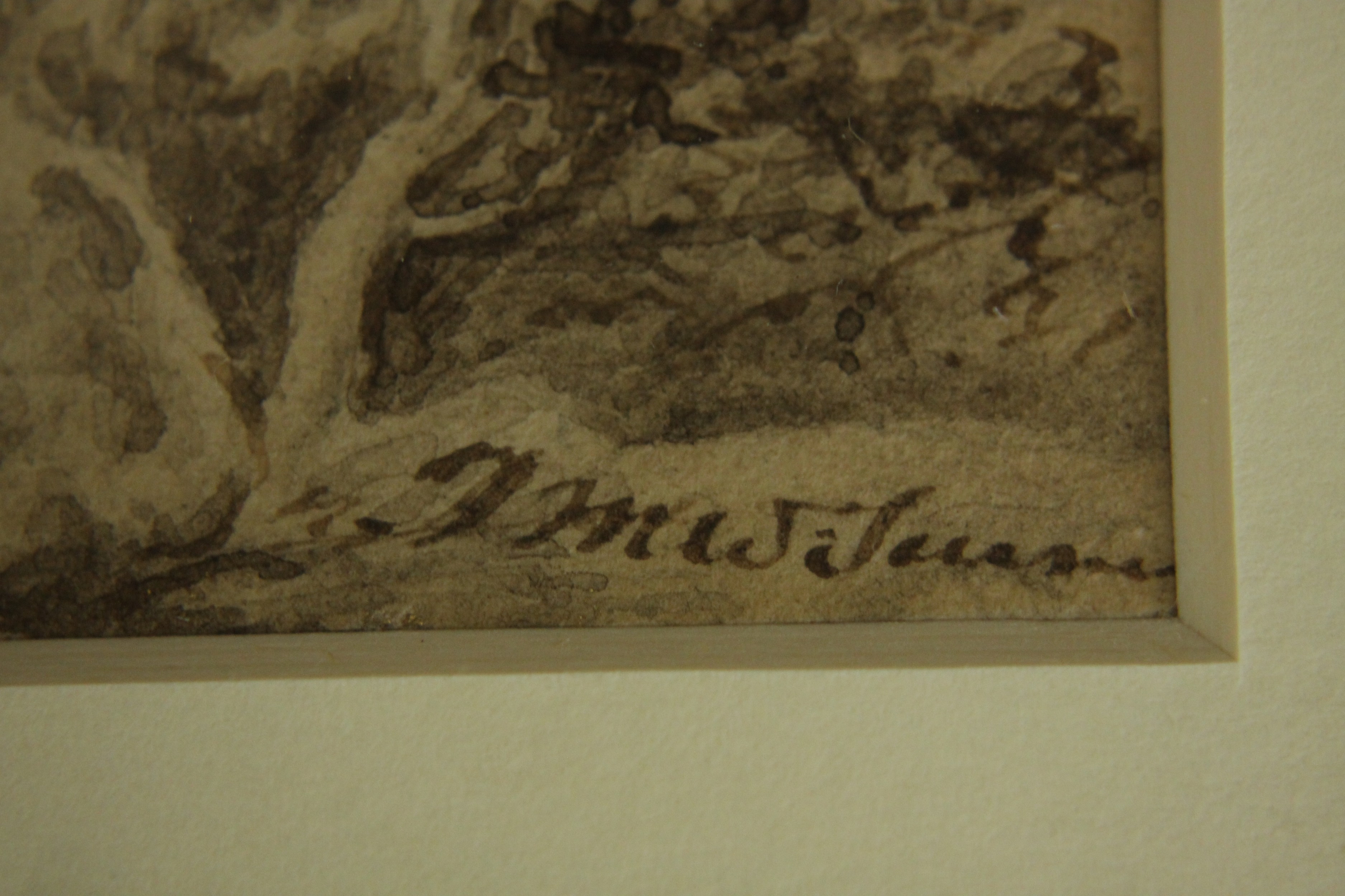 After Turner, an early 19th century brown wash watercolour of a shepherd by a castle, inscribed - Image 5 of 7