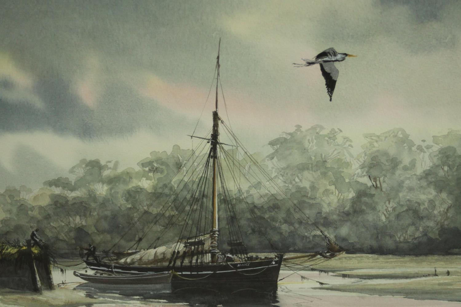 A framed and glazed watercolour of a sailing boat on the river with heron flying over, - Image 3 of 6