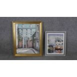 Two framed oils on canvas of street scenes, both indistinctly signed. H.46 W.56cm.