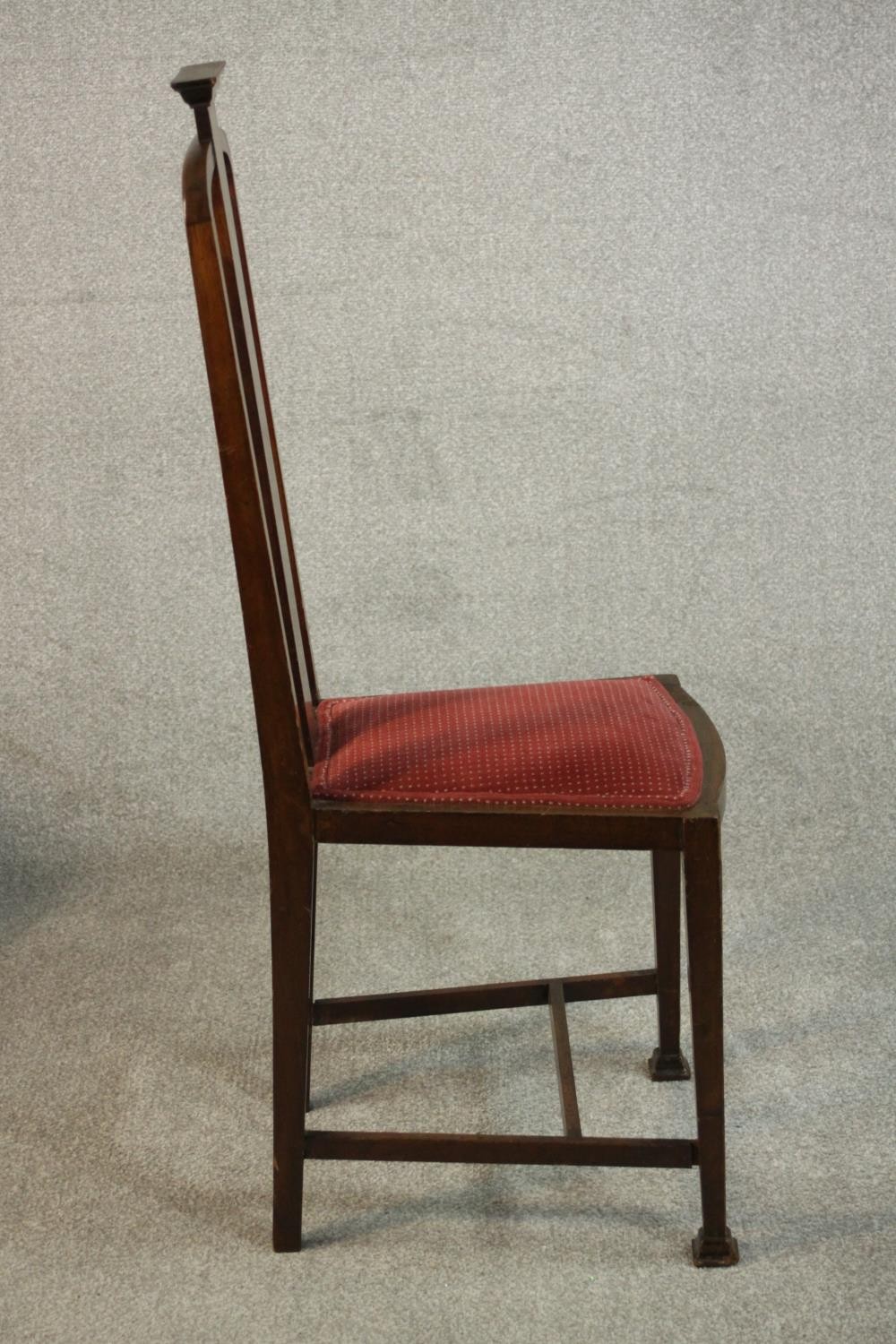 A pair of marquetry inlaid Arts & Crafts oak high back side chairs, the back inlaid with an Egyptian - Image 5 of 9