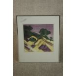A framed and glazed hand coloured engraving of of a surrealist landscape, unsigned. H.53 W.43cm.