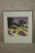 A framed and glazed hand coloured engraving of of a surrealist landscape, unsigned. H.53 W.43cm.