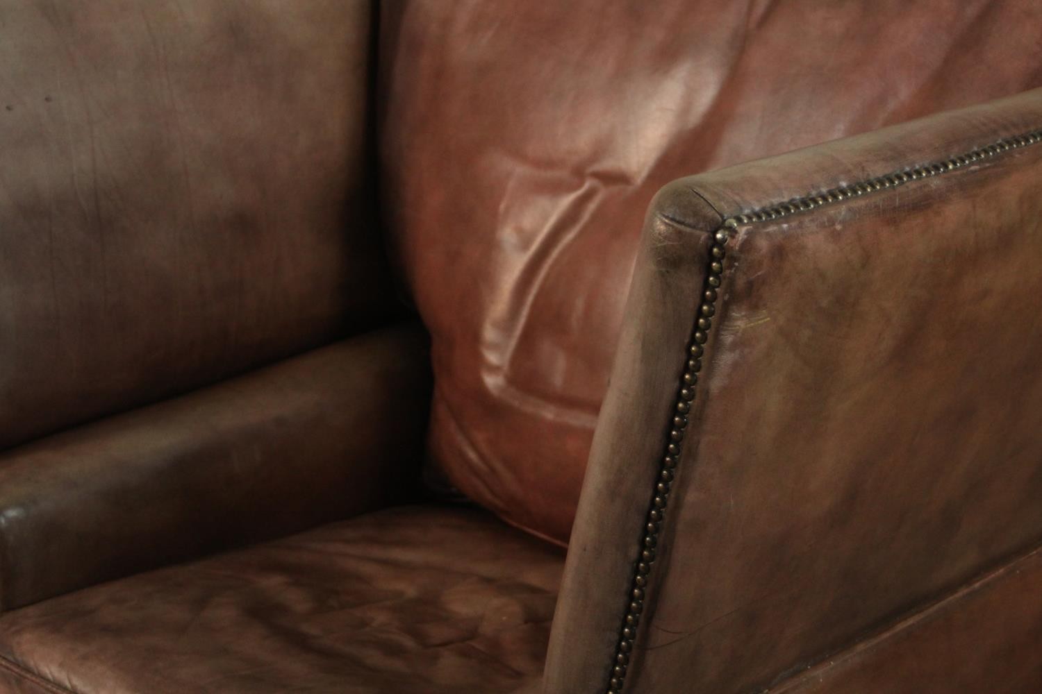 A Knole style contemporary brown leather armchair, with turned stained beech finials and studded - Image 6 of 12