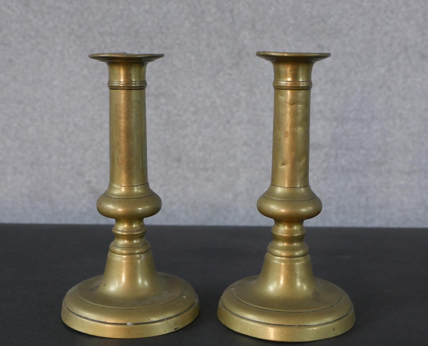 Two pairs of brass candlesticks and a 19th century Classical design two branch gilt spelter - Image 5 of 5