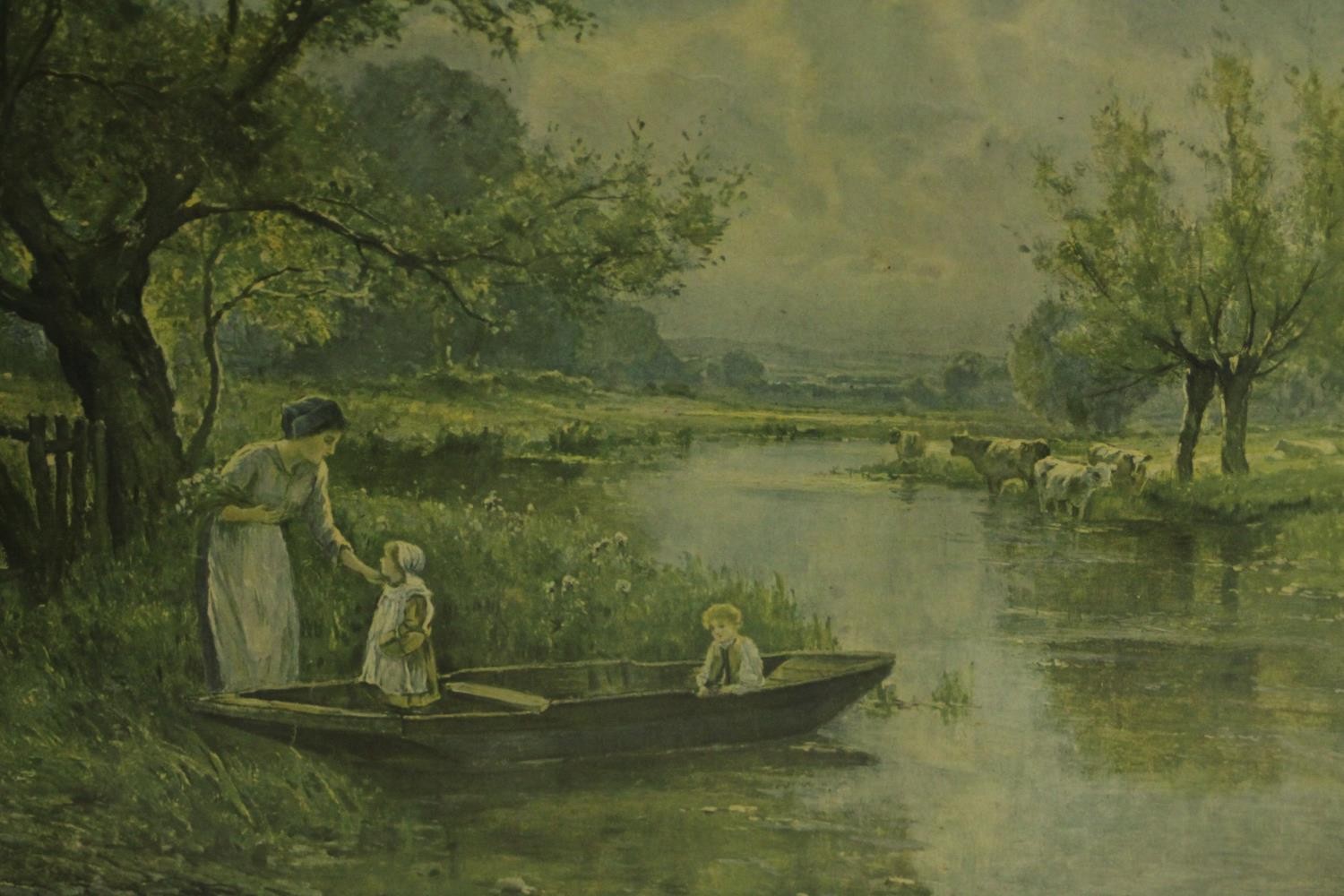 Two framed and glazed Victorian prints of river scenes, one with a girl on a bridge and people - Image 4 of 6