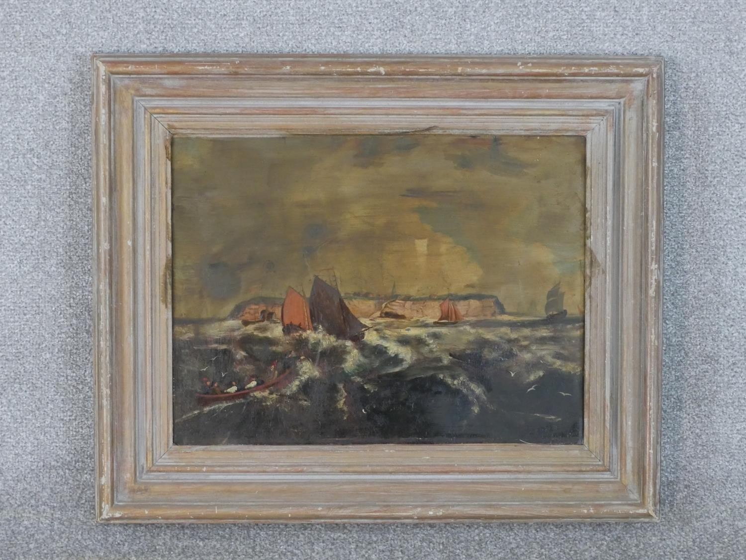 A framed oil on board of sailing ships on a stormy sea, unsigned. H.47.5 W.58cm - Image 2 of 4