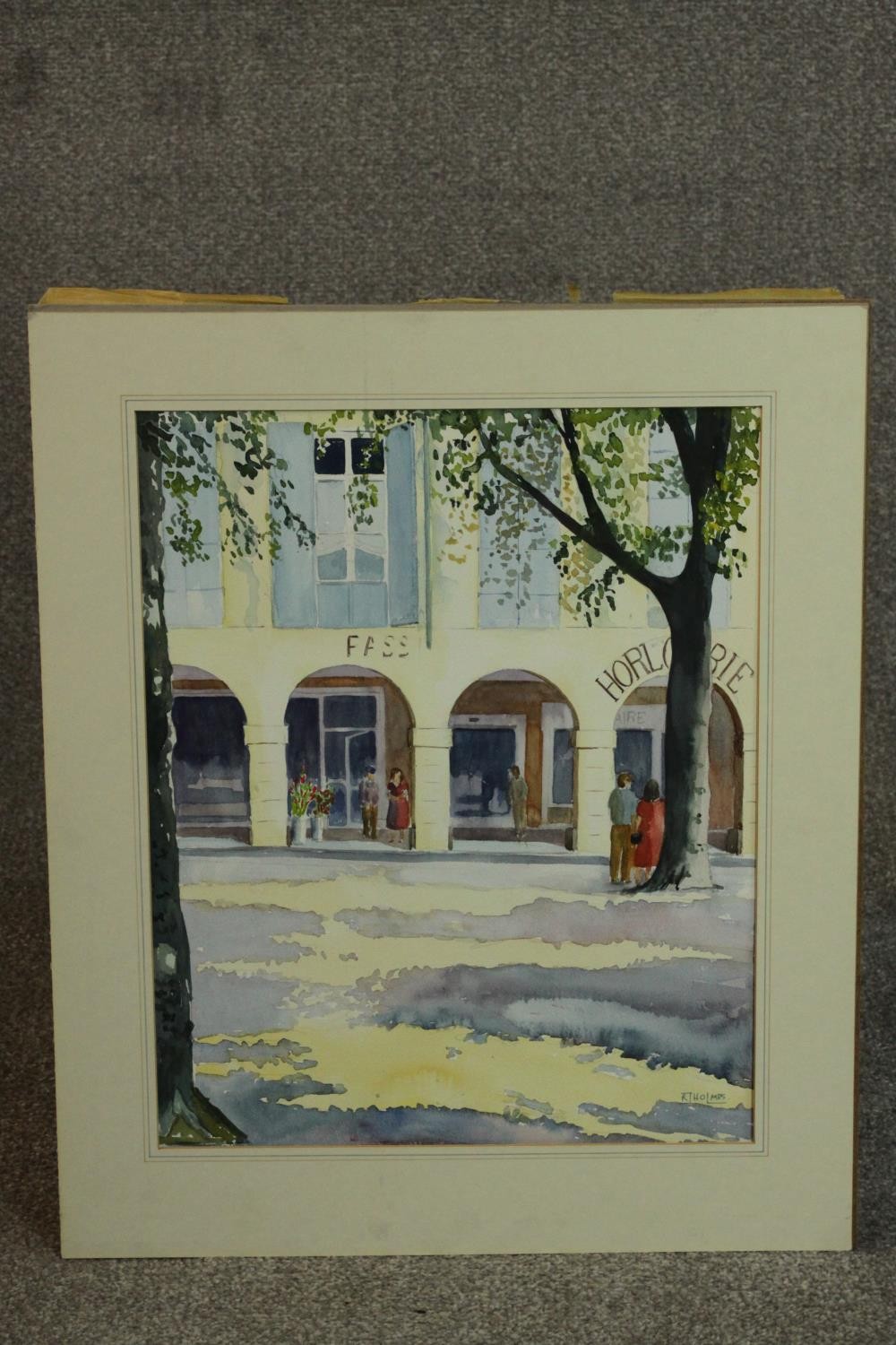 An unframed watercolour of a street scene, signed R.L. Holmes. H.59 W.49cm. - Image 2 of 5