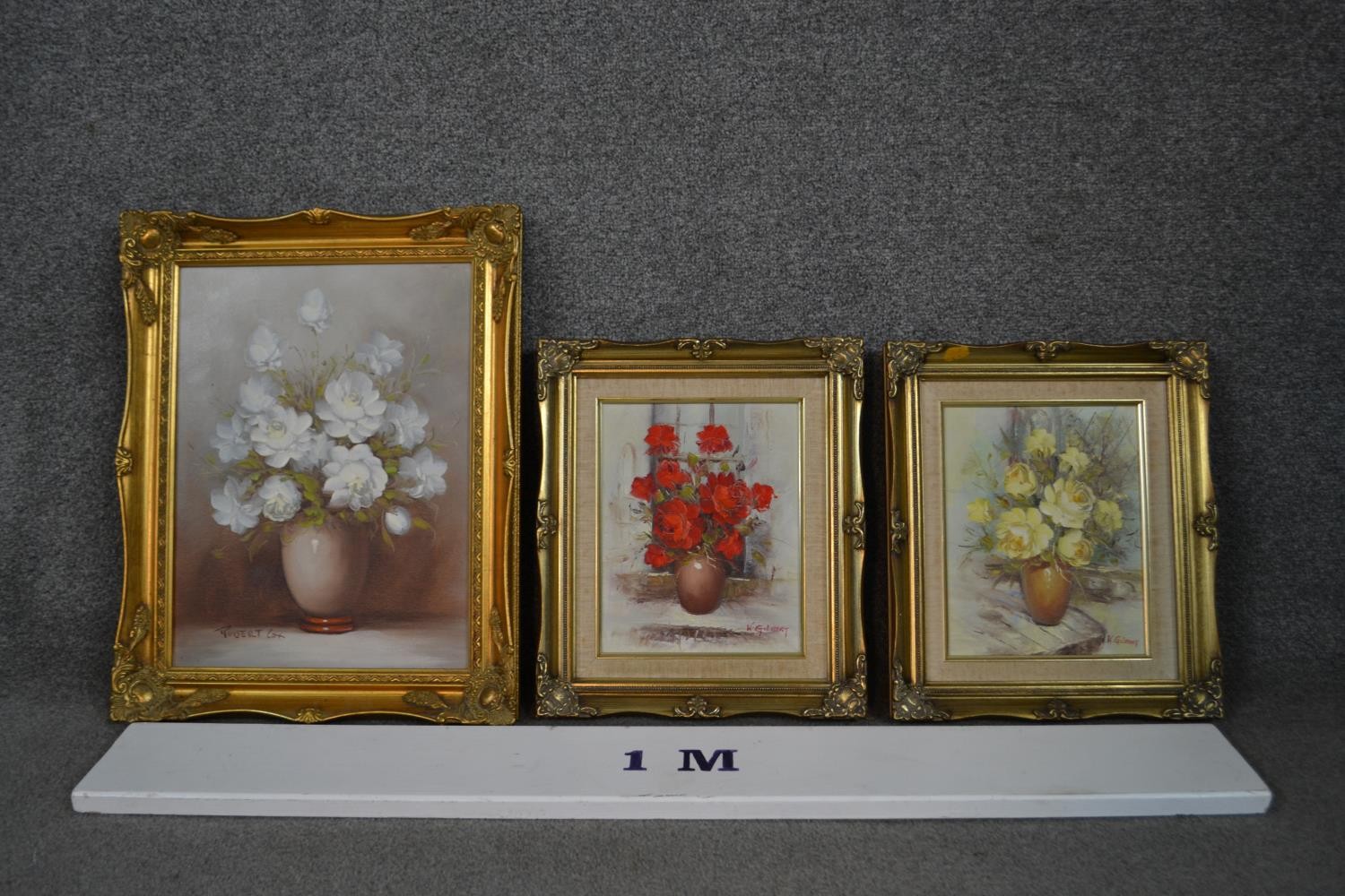 Three framed oils on canvas of vases of flowers, two Kay Gilbert and one Robert Cox. H.50 W.40cm ( - Image 2 of 8