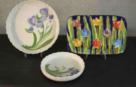 Rampini Gubbiot, two hand painted crimped edge flan dishes with iris pattern along with a tulip