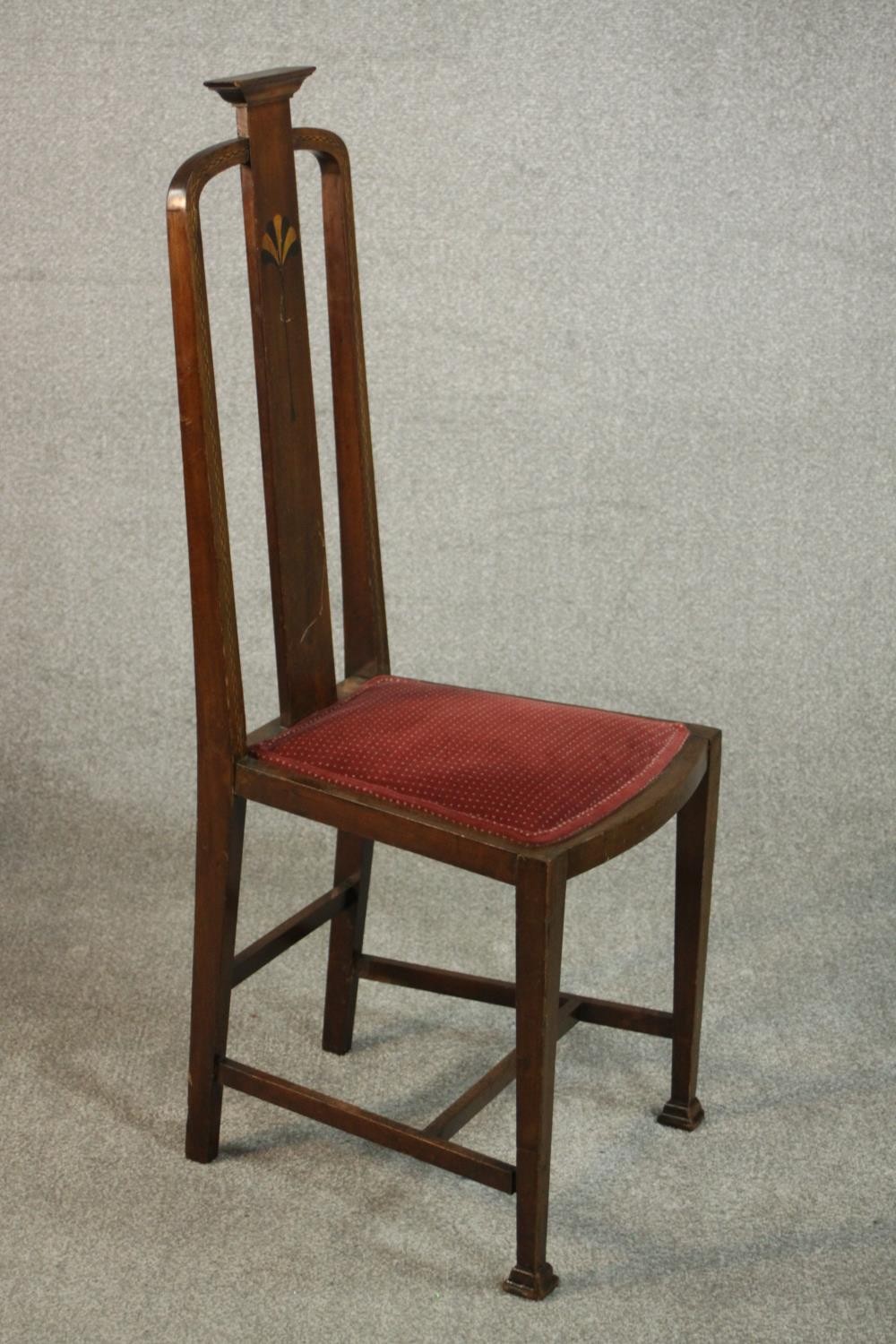 A pair of marquetry inlaid Arts & Crafts oak high back side chairs, the back inlaid with an Egyptian - Image 2 of 9