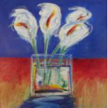 An unframed oil on canvas of a vase of arum lilies, signed verso Colin Michaels. H.76 W.76cm