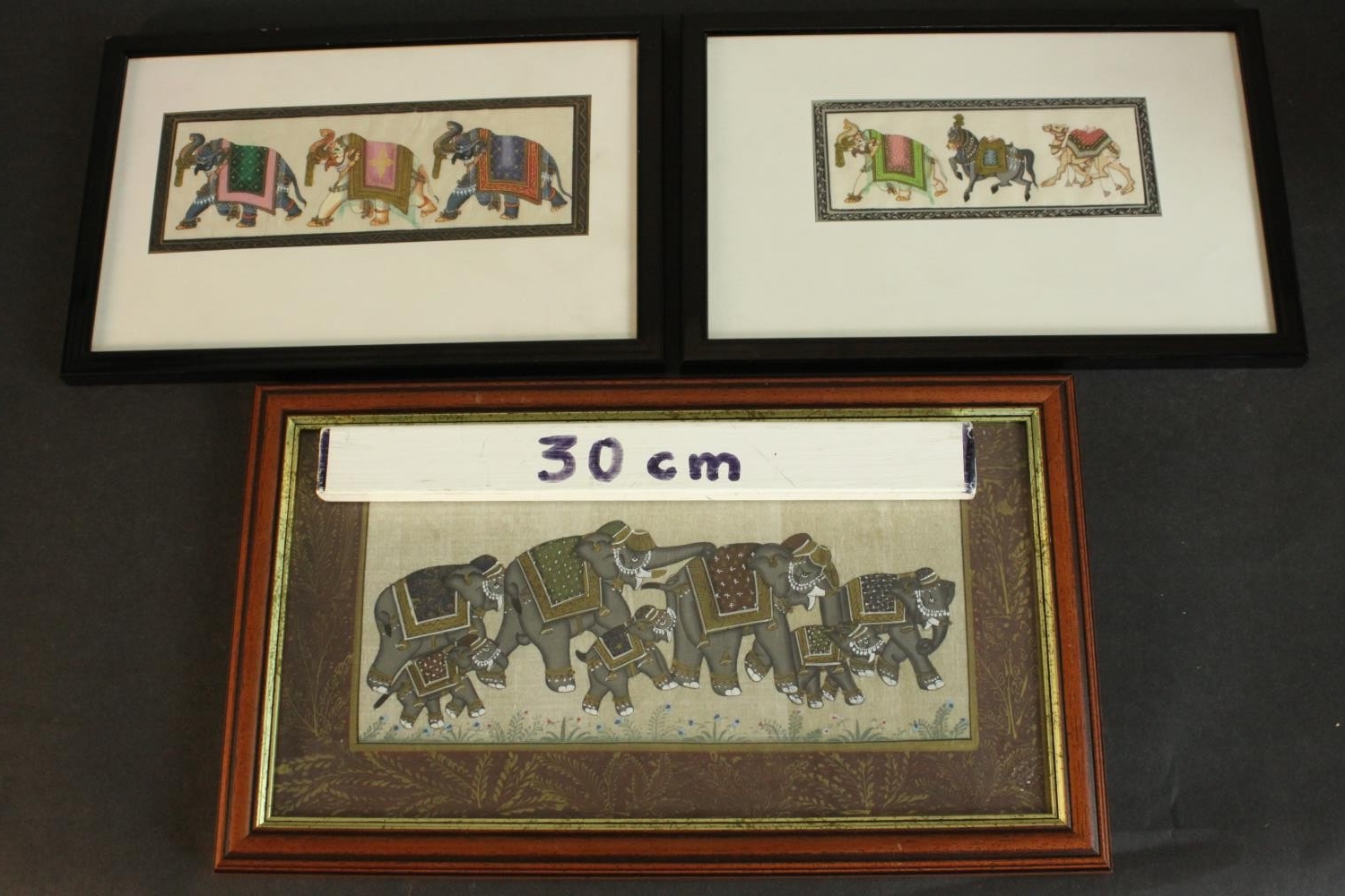 Three framed and glazed Indo-Persian Mogul gouache on paper paintings of elephants and horses in - Image 2 of 8