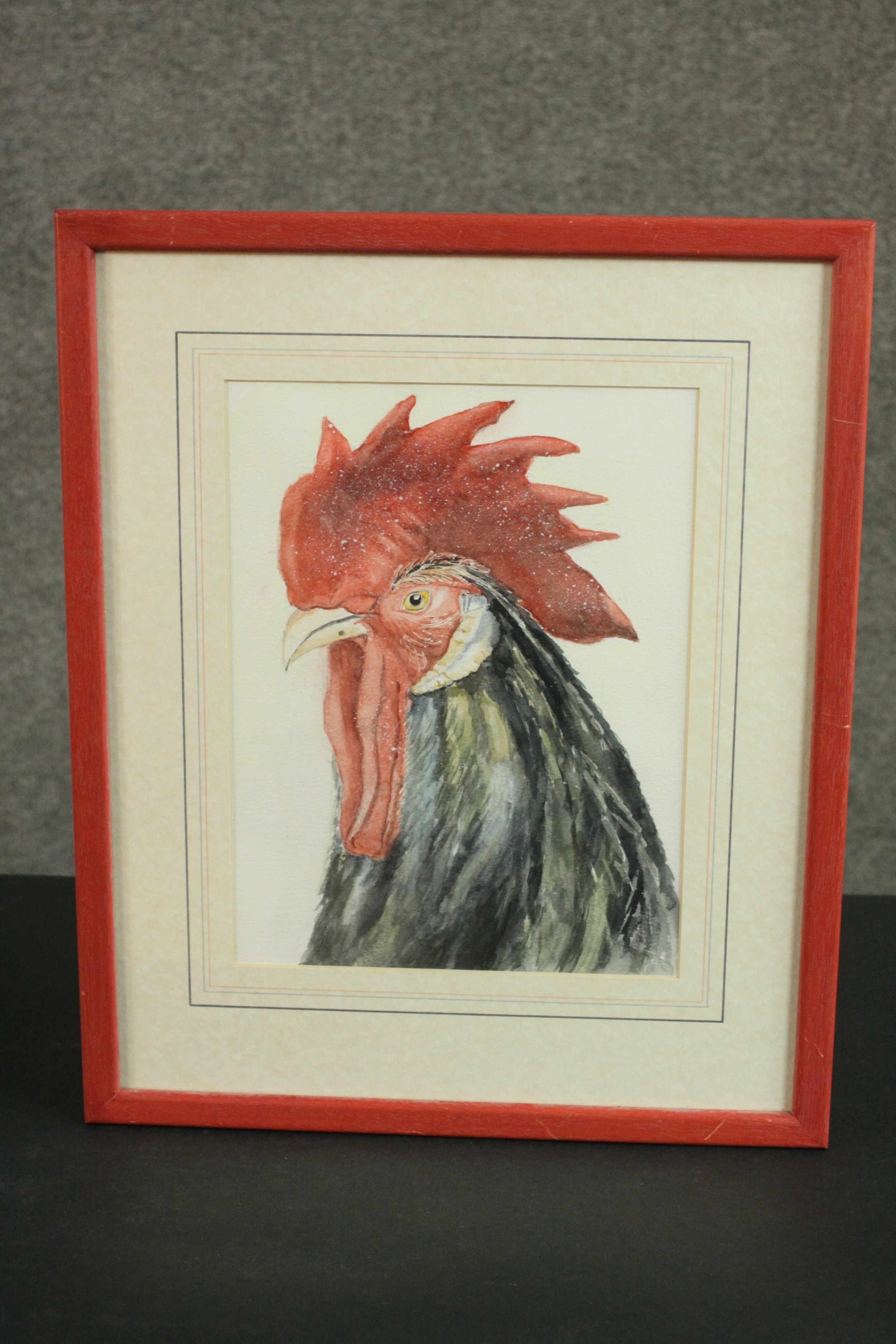 A framed and glazed watercolour of a black rooster, unsigned. H.46 W.37cm. - Image 2 of 5
