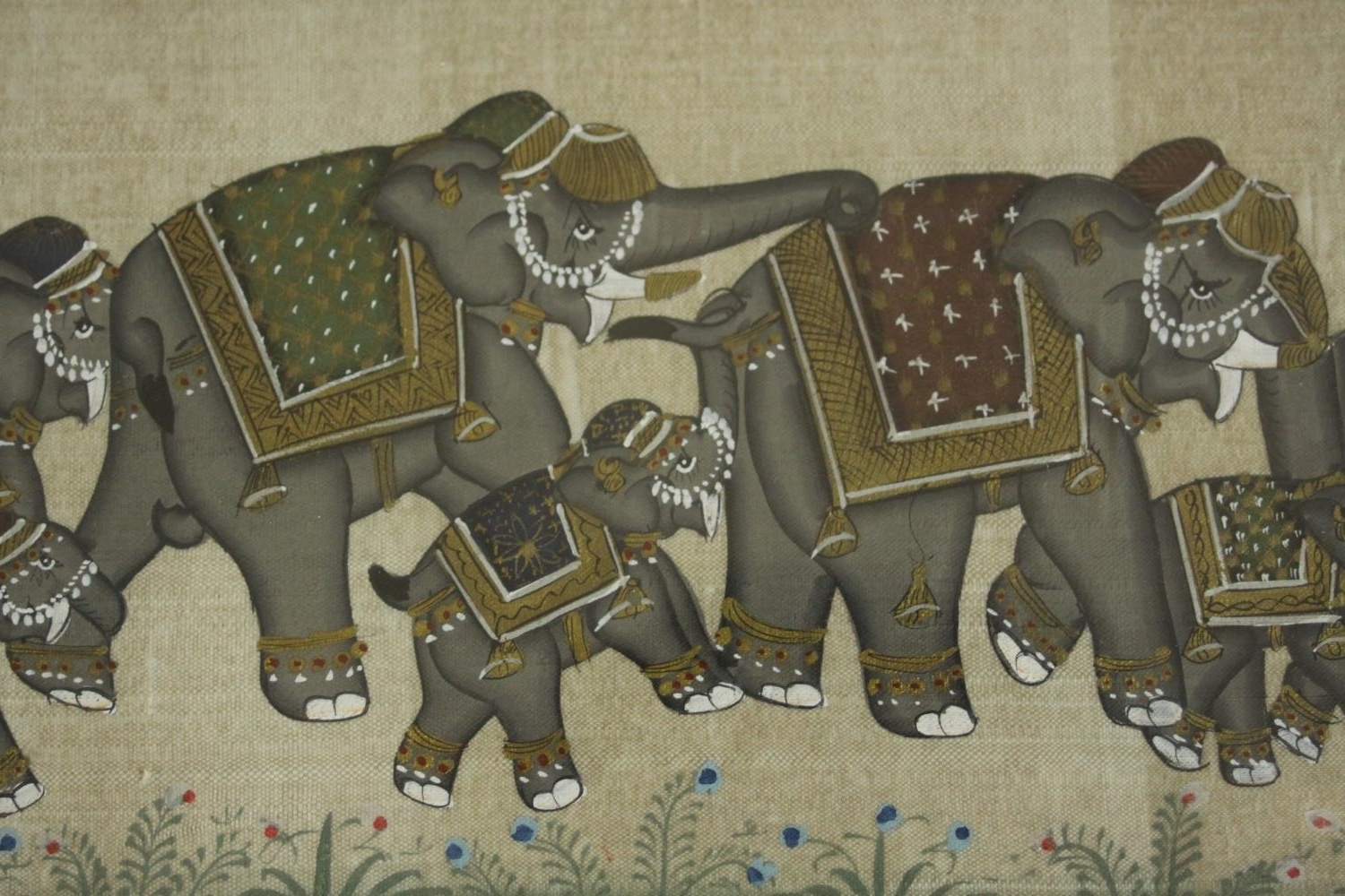 Three framed and glazed Indo-Persian Mogul gouache on paper paintings of elephants and horses in - Image 3 of 8