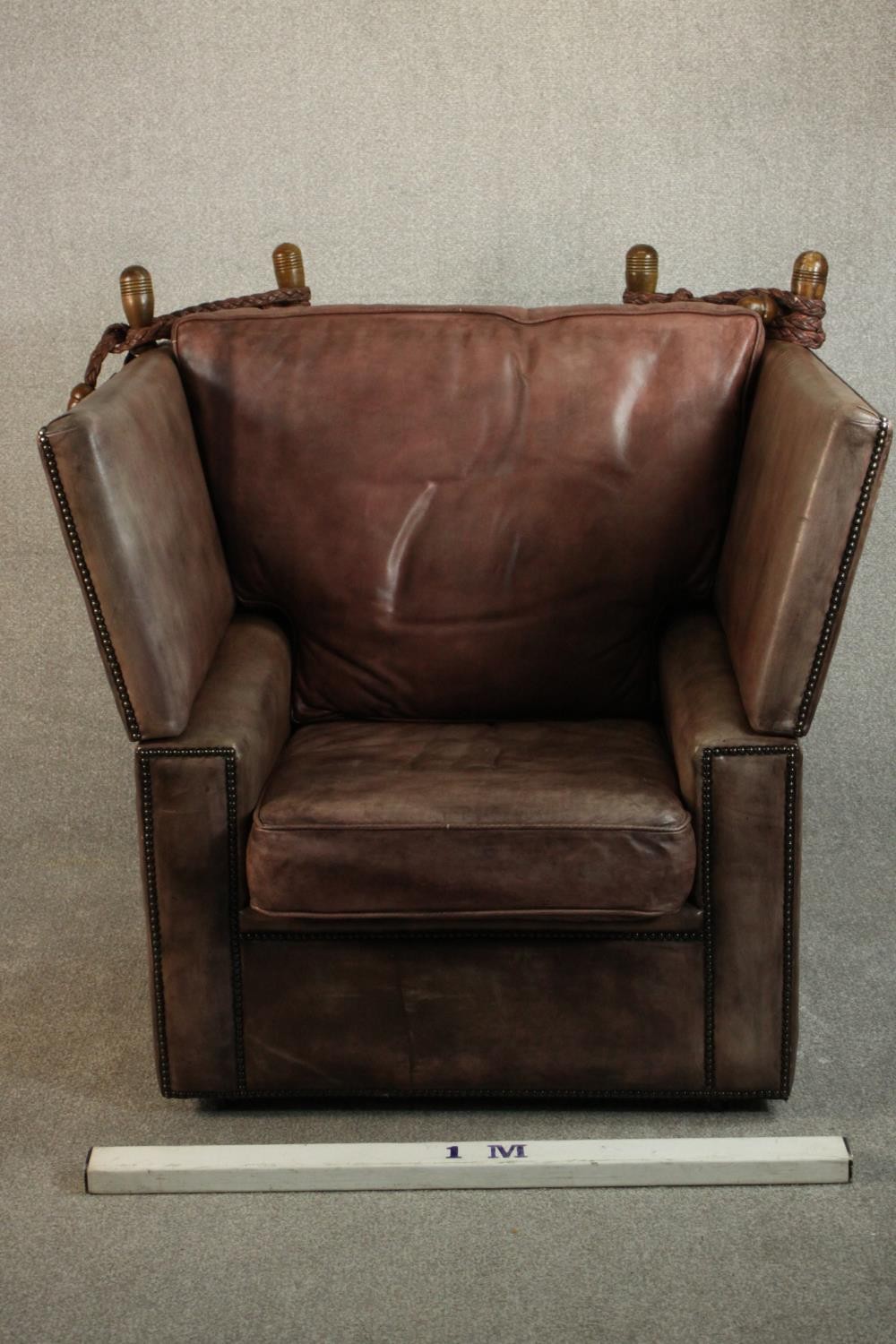 A Knole style contemporary brown leather armchair, with turned stained beech finials and studded - Image 2 of 12