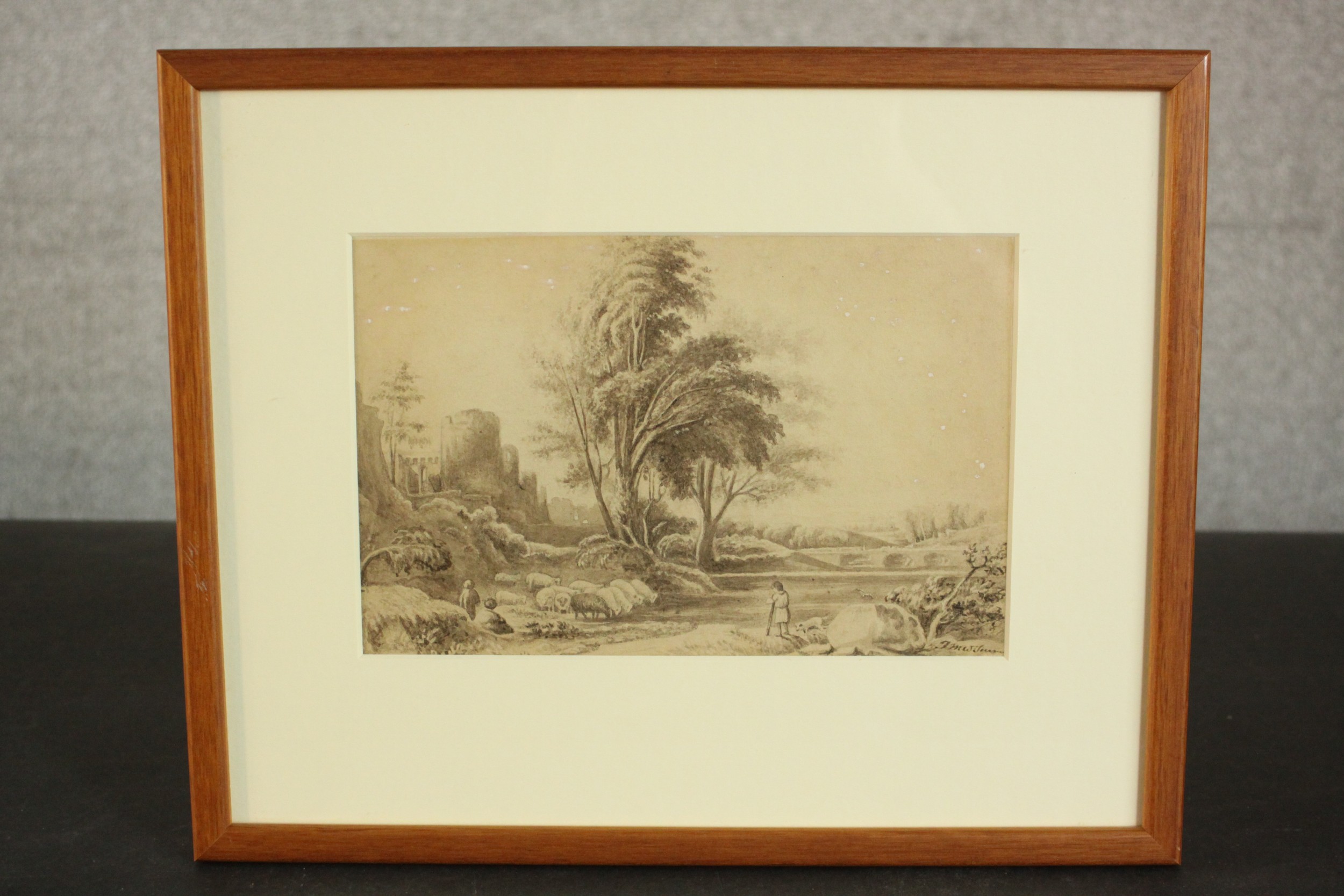 After Turner, an early 19th century brown wash watercolour of a shepherd by a castle, inscribed