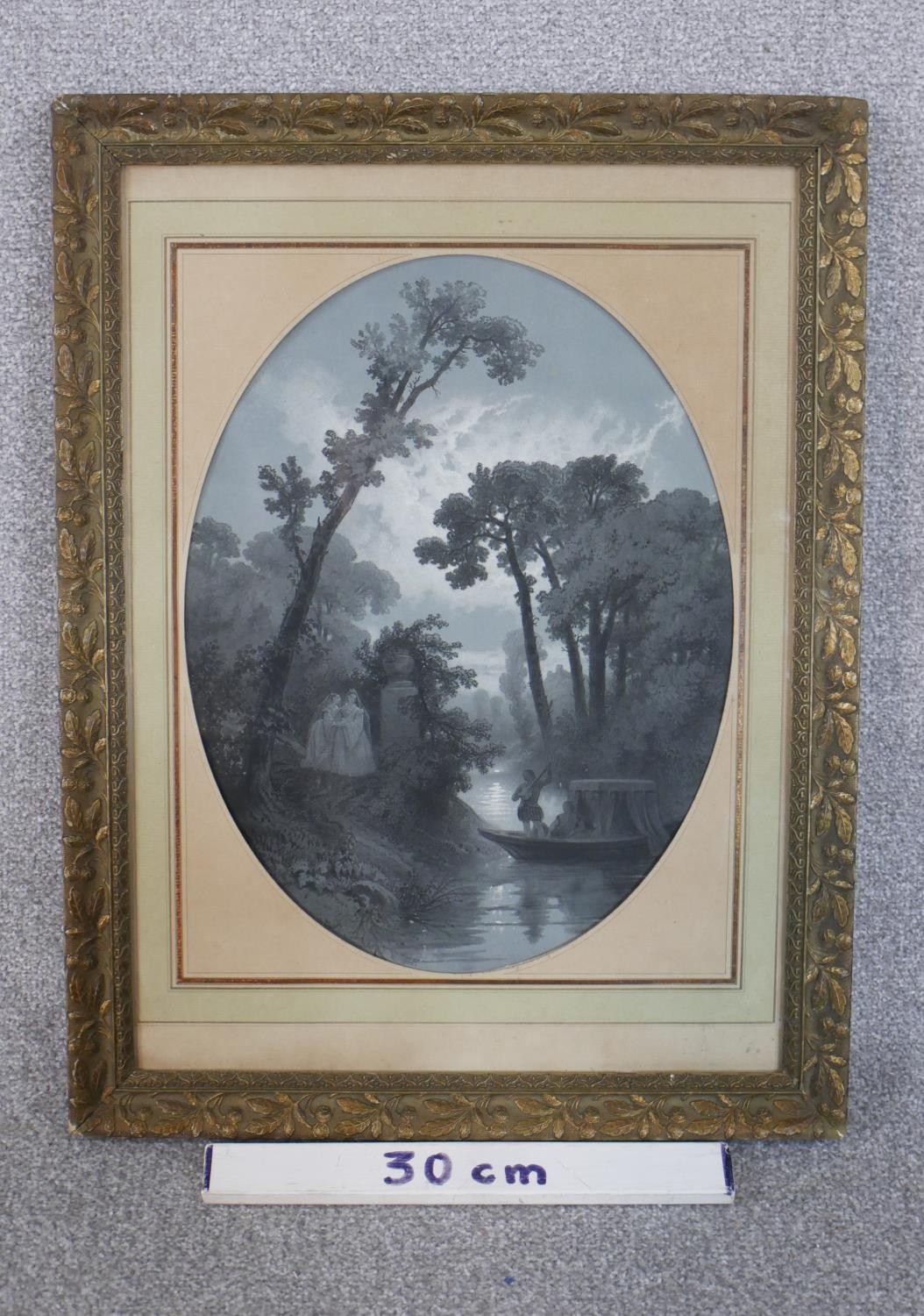 A framed and glazed 19th century en grisaille watercolour of boating by the moonlight, - Image 3 of 7
