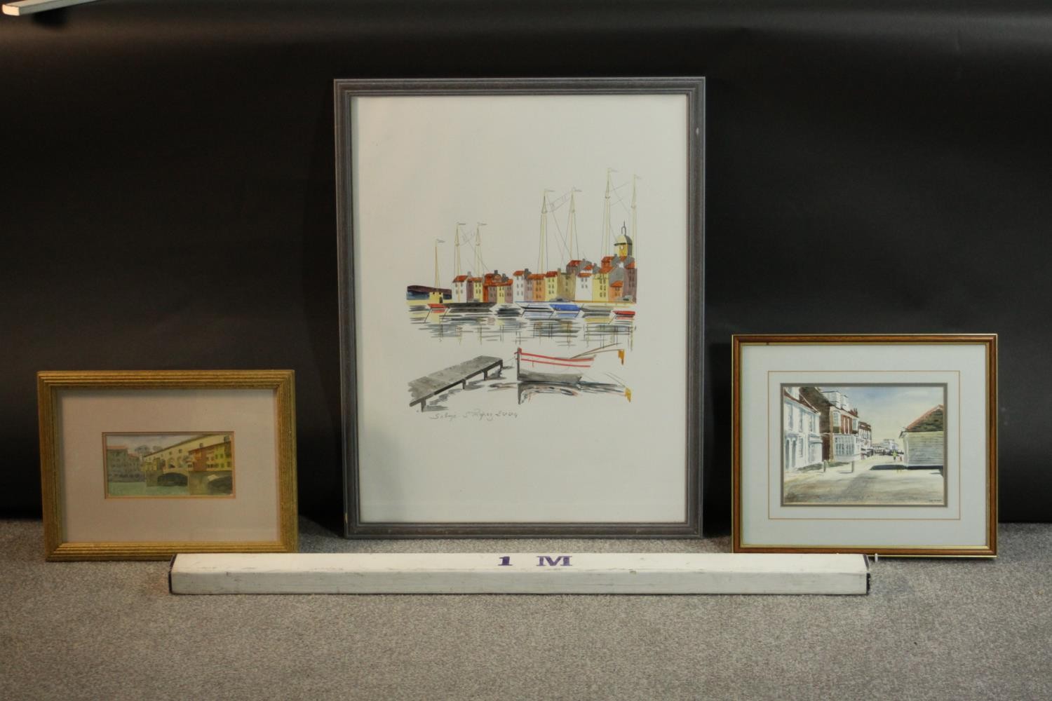 Three framed and glazed watercolours. One of boats in St Tropez, titled in pencil along with a - Image 2 of 9