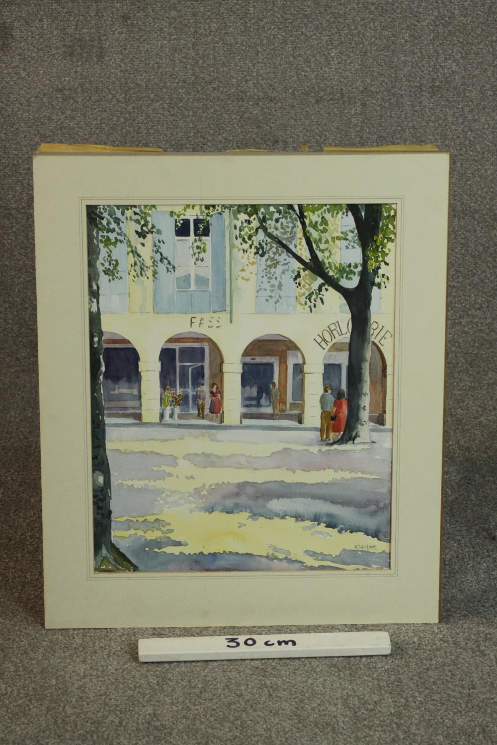 An unframed watercolour of a street scene, signed R.L. Holmes. H.59 W.49cm. - Image 3 of 5