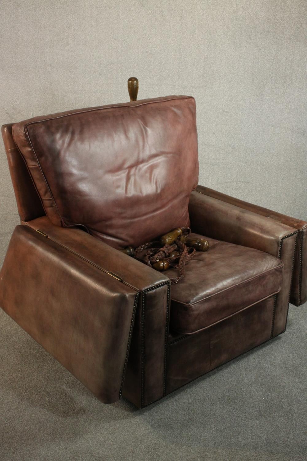 A Knole style contemporary brown leather armchair, with turned stained beech finials and studded - Image 5 of 12