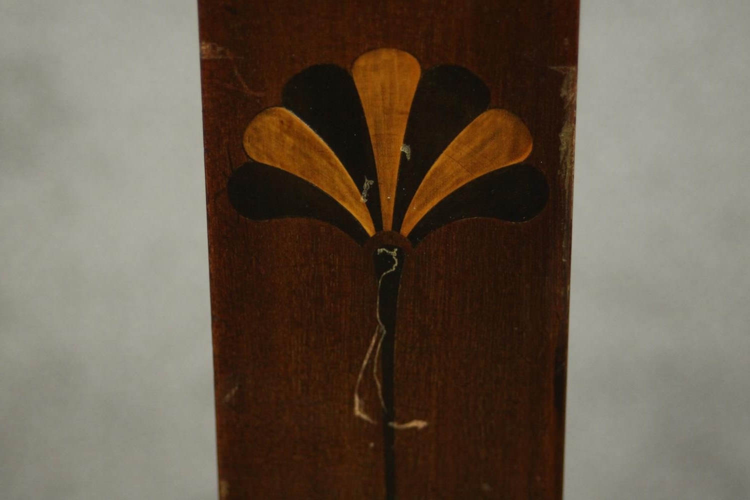 A pair of marquetry inlaid Arts & Crafts oak high back side chairs, the back inlaid with an Egyptian - Image 8 of 9