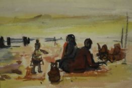 Joan Hodes (b.1925), Family on the Beach, watercolour and pastel, signed and labels verso. H.56 W.