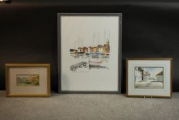 Three framed and glazed watercolours. One of boats in St Tropez, titled in pencil along with a