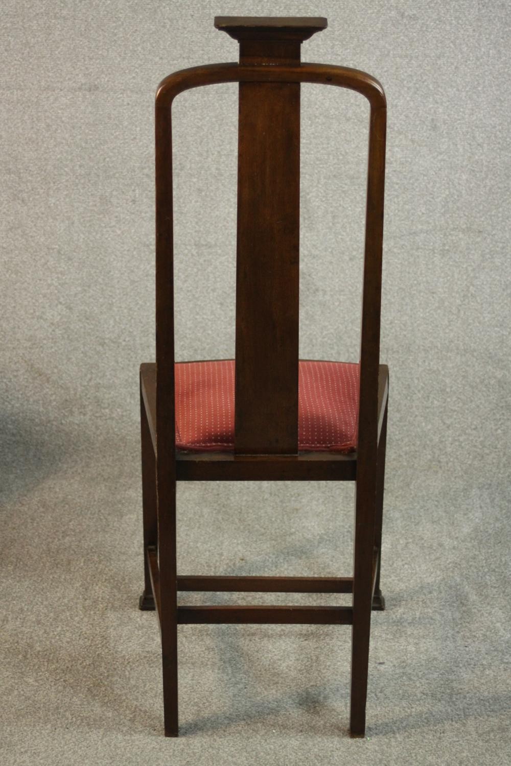 A pair of marquetry inlaid Arts & Crafts oak high back side chairs, the back inlaid with an Egyptian - Image 6 of 9