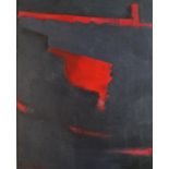 A framed oil on board of a black and red abstract composition, indistinctly signed. H.62.5 W.52.5cm