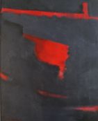 A framed oil on board of a black and red abstract composition, indistinctly signed. H.62.5 W.52.5cm
