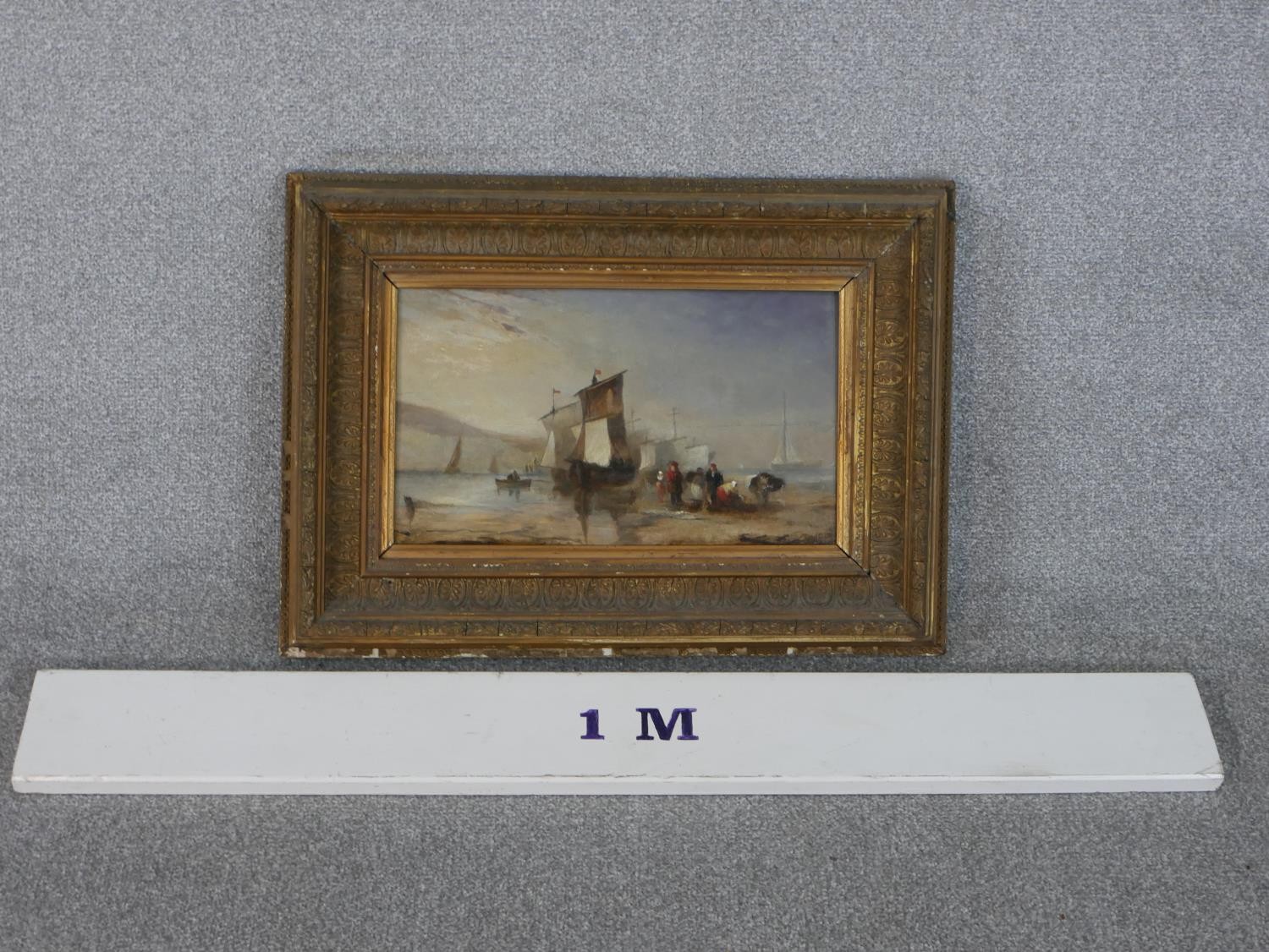 A 19th century carved gilt framed oil on board of fishing boats and figures on a beach, unsigned. - Image 3 of 6