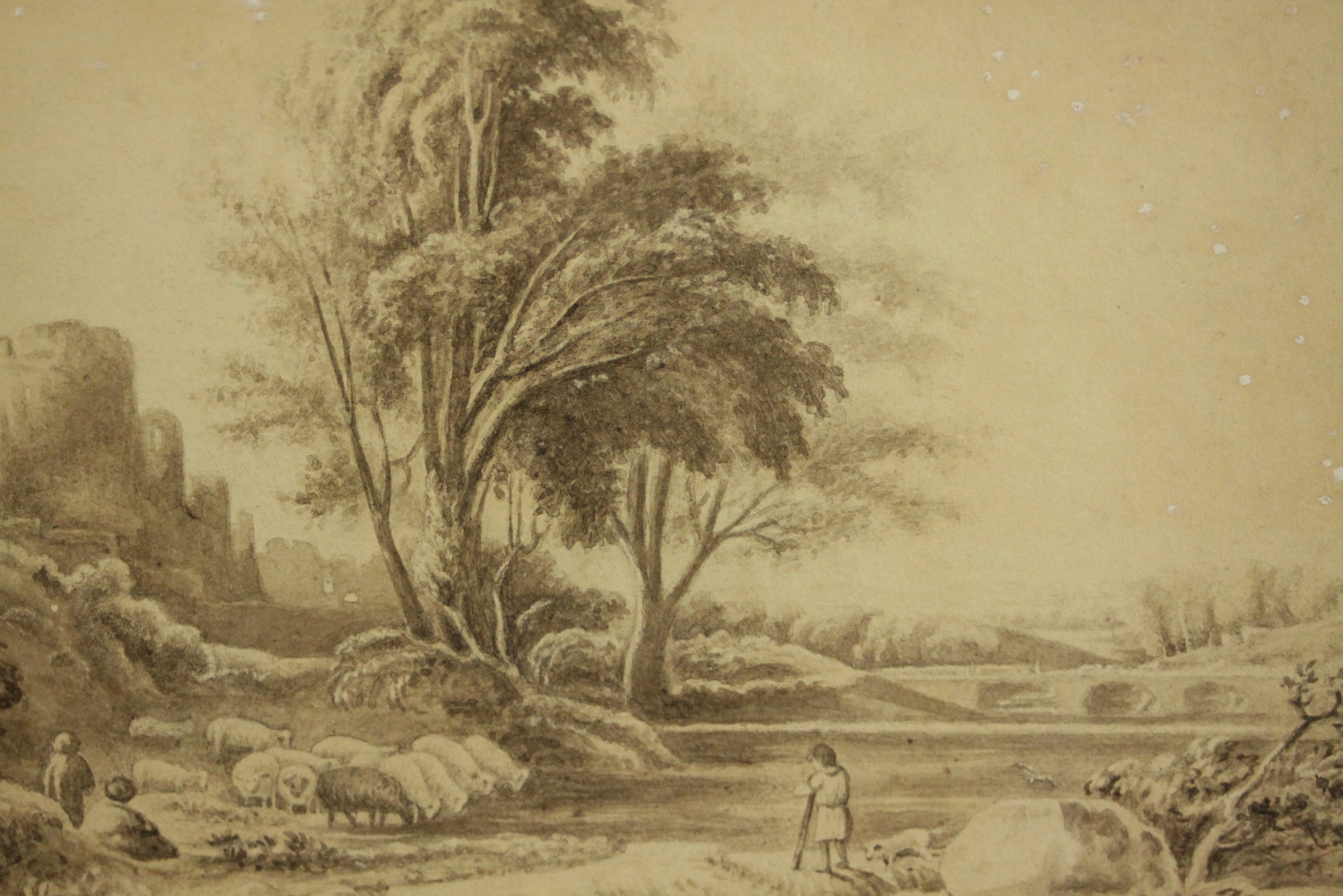 After Turner, an early 19th century brown wash watercolour of a shepherd by a castle, inscribed - Image 3 of 7