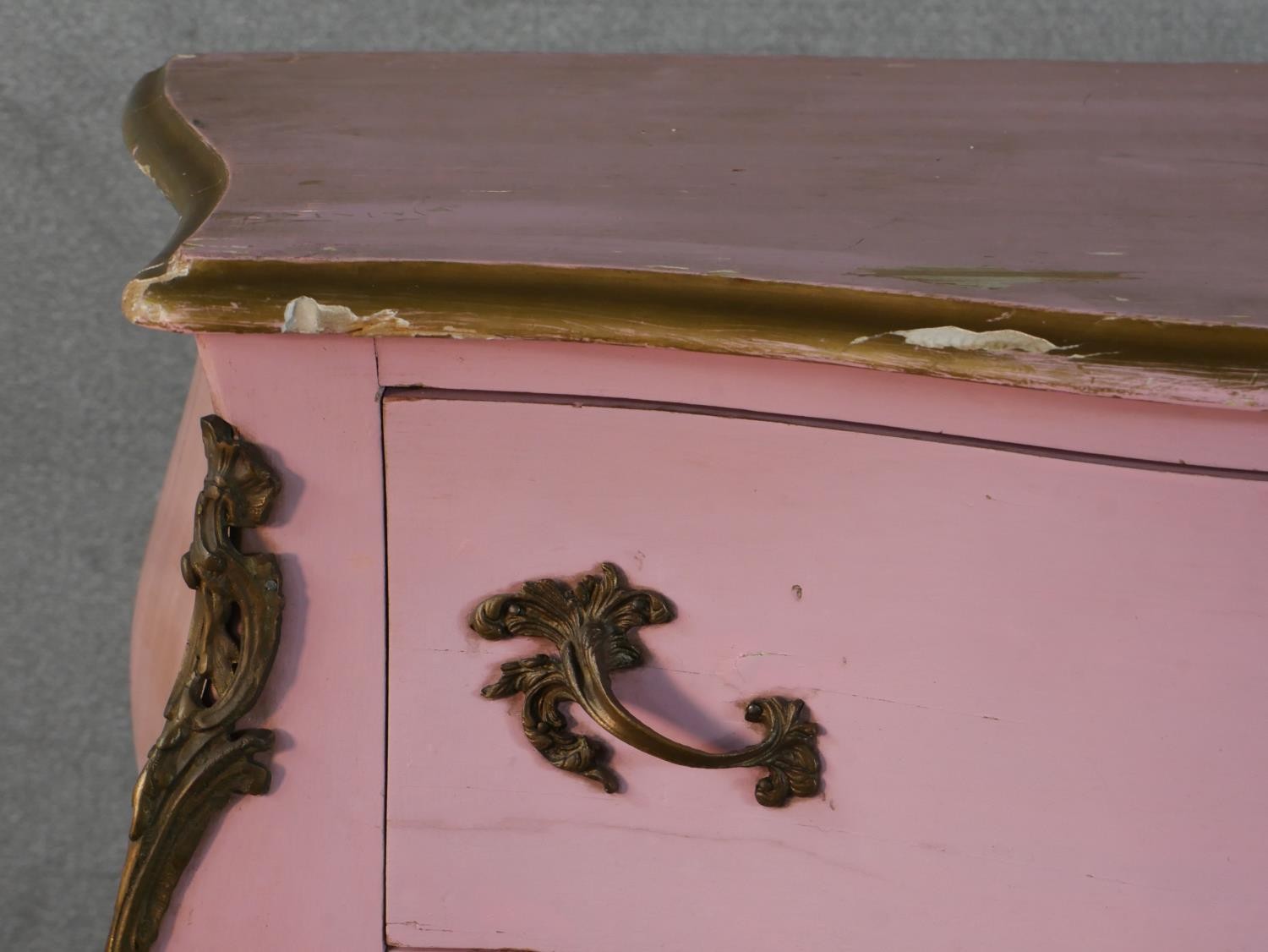A pink painted Louis XV style bombe chest of drawers, the top with a moulded parcel gilt edge over - Image 5 of 6