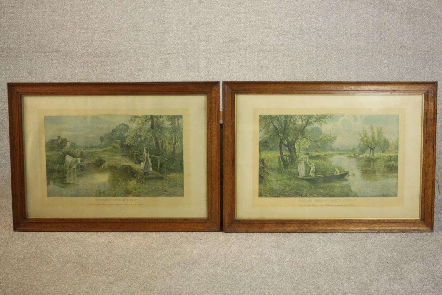 Two framed and glazed Victorian prints of river scenes, one with a girl on a bridge and people