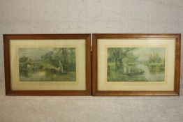 Two framed and glazed Victorian prints of river scenes, one with a girl on a bridge and people